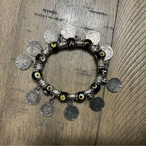 Evil Eye Beads  Faux Turkish Coins Medallion Stretch Bracelet Boho
